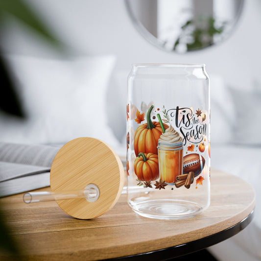 Tis the Season Fall Pumpkin, Coquette Football Glass Cup with  Lid