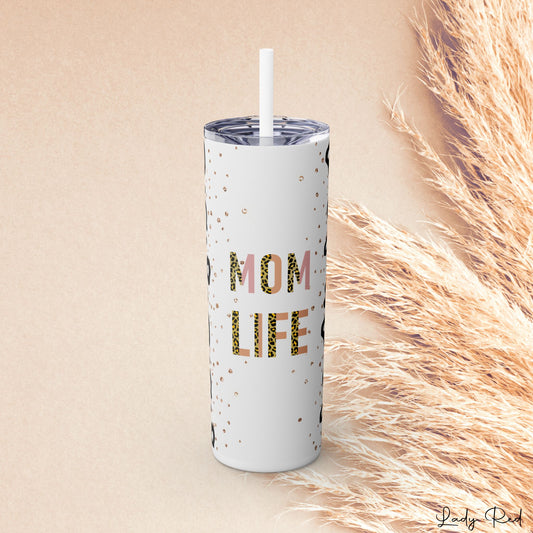 Leopard Mom Life, Skinny Tumbler with Straw, 20oz