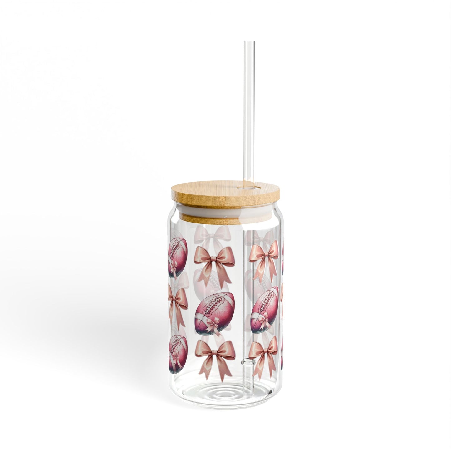 16oz. Football & Pink Coqutte Glass Cup with Straw