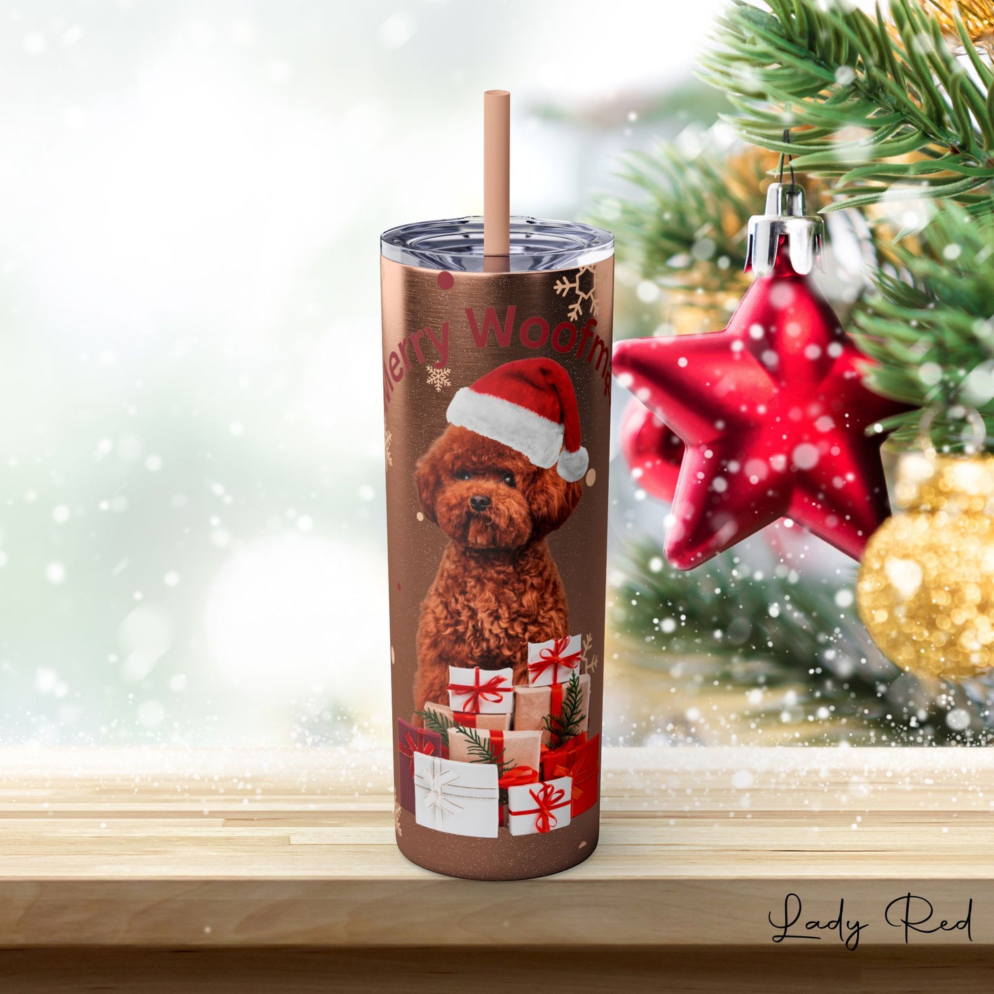 Christmas Poodle, Skinny Tumbler with Straw, 20oz