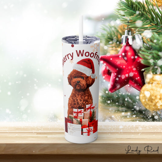 Christmas Poodle, Skinny Tumbler with Straw, 20oz