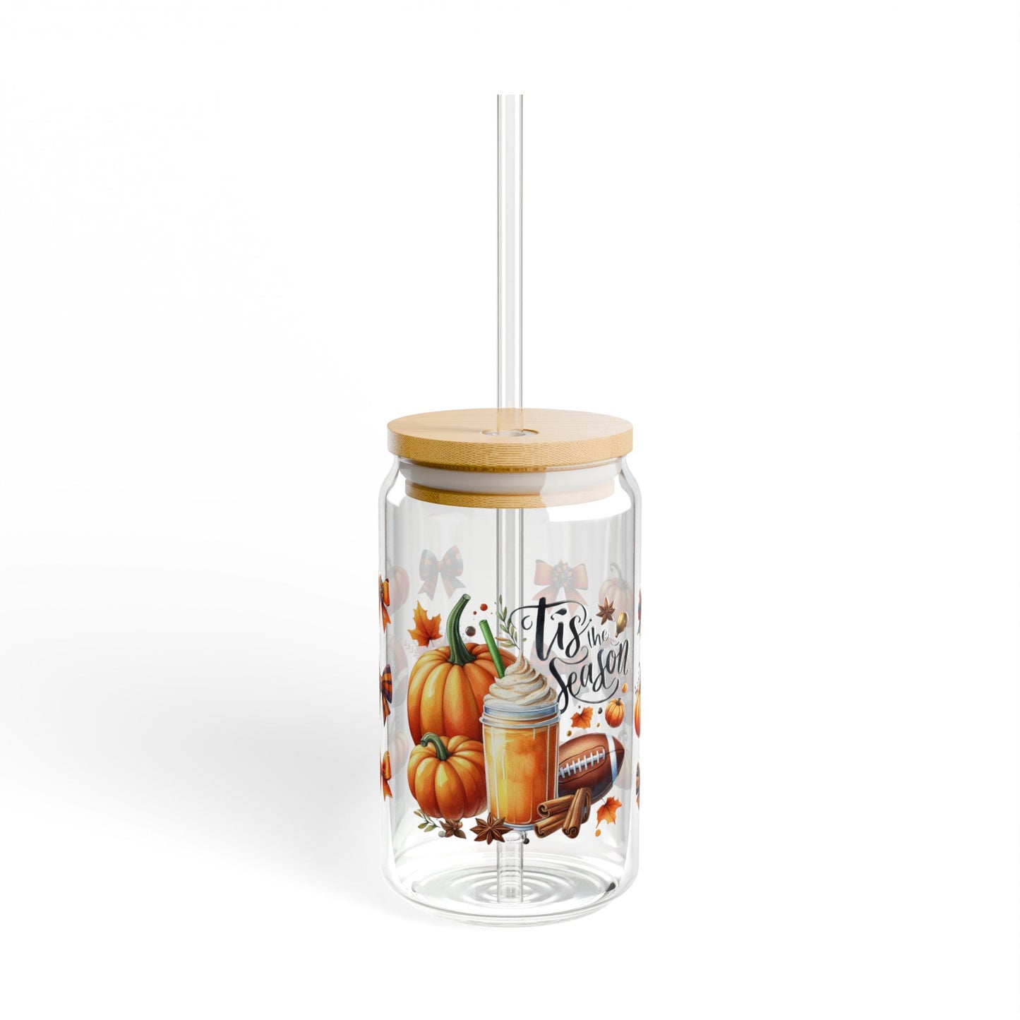 Tis the Season Fall Pumpkin, Coquette Football Glass Cup with  Lid